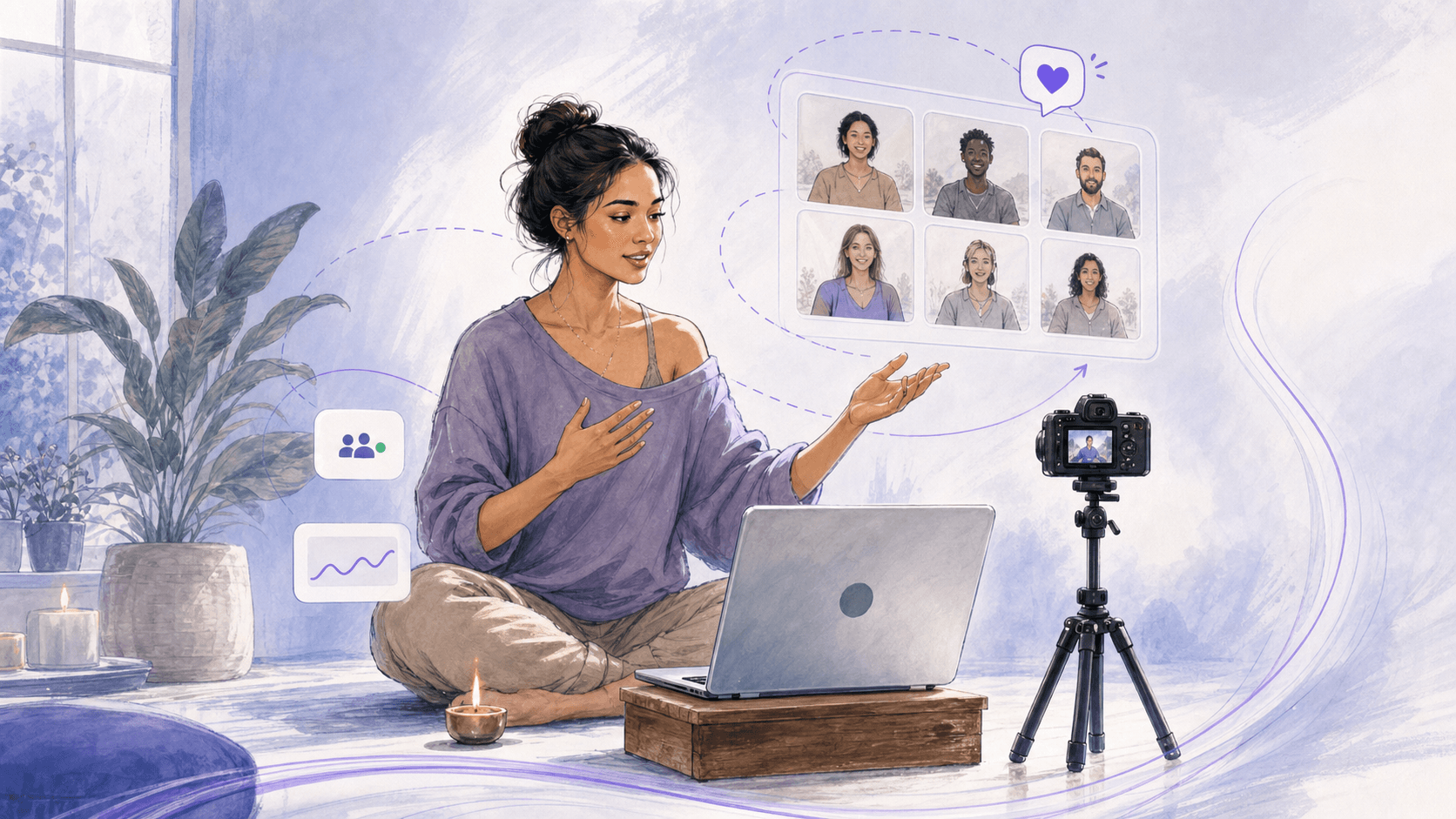 A creator teaching a live class while Orven manages the room, camera, and verified students.